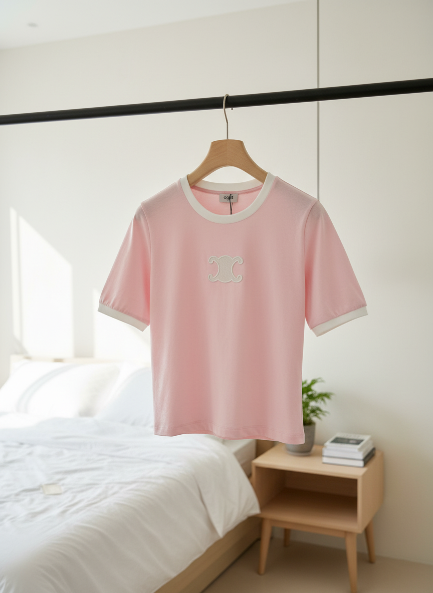 CELINE Pink Cotton Logo Short Sleeve T-Shirt Women