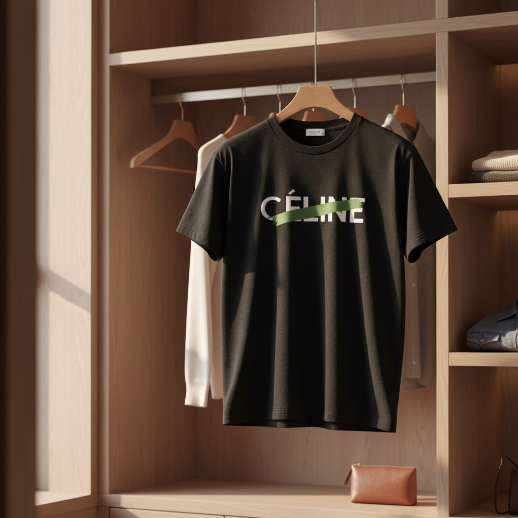 CELINE Black Cotton Logo Print T-Shirt