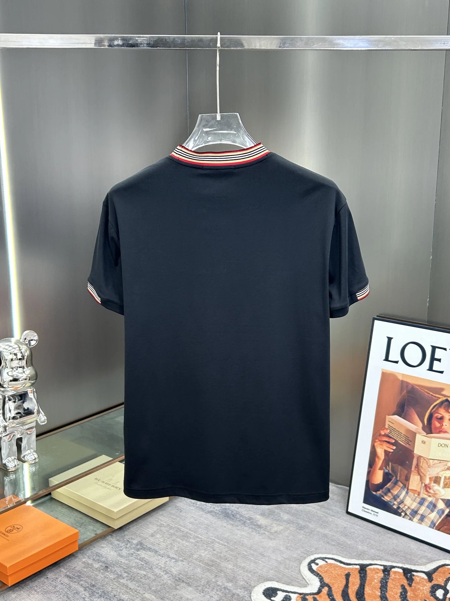 Burberry Men Black Cotton Striped Collar T-Shirt