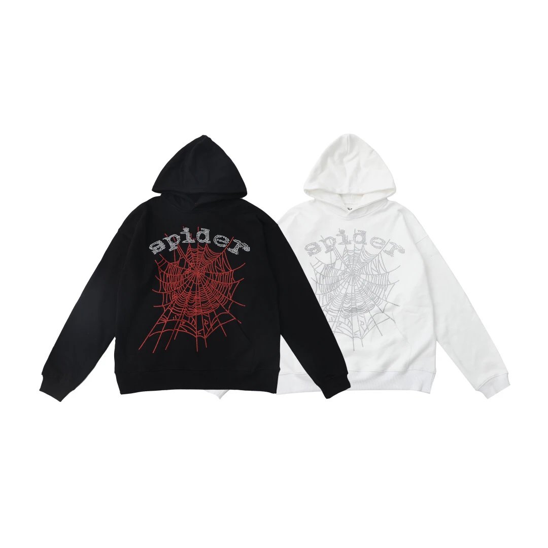 SP5DER Black Rhinestone Spider Web Unisex Hoodie