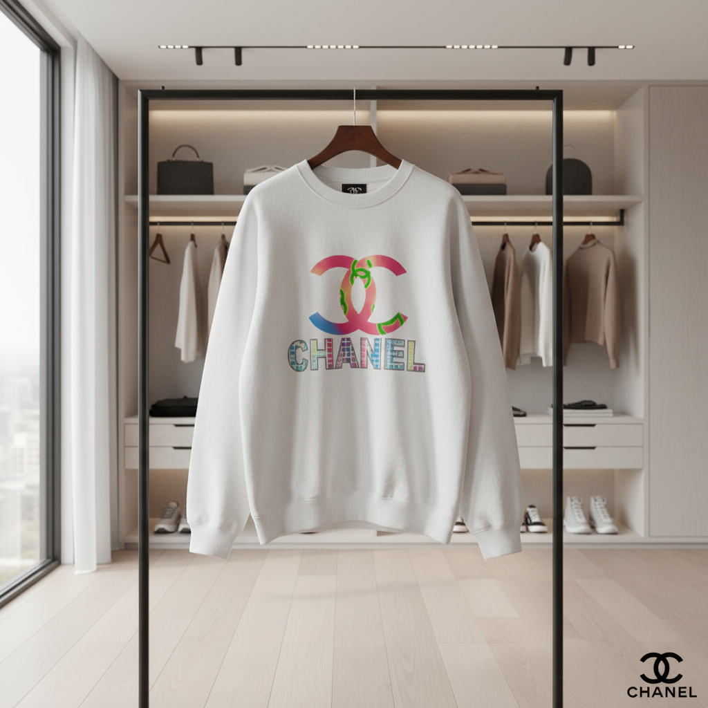 CHANEL White Hoodie Colorful Logo Cotton Sweatshirt