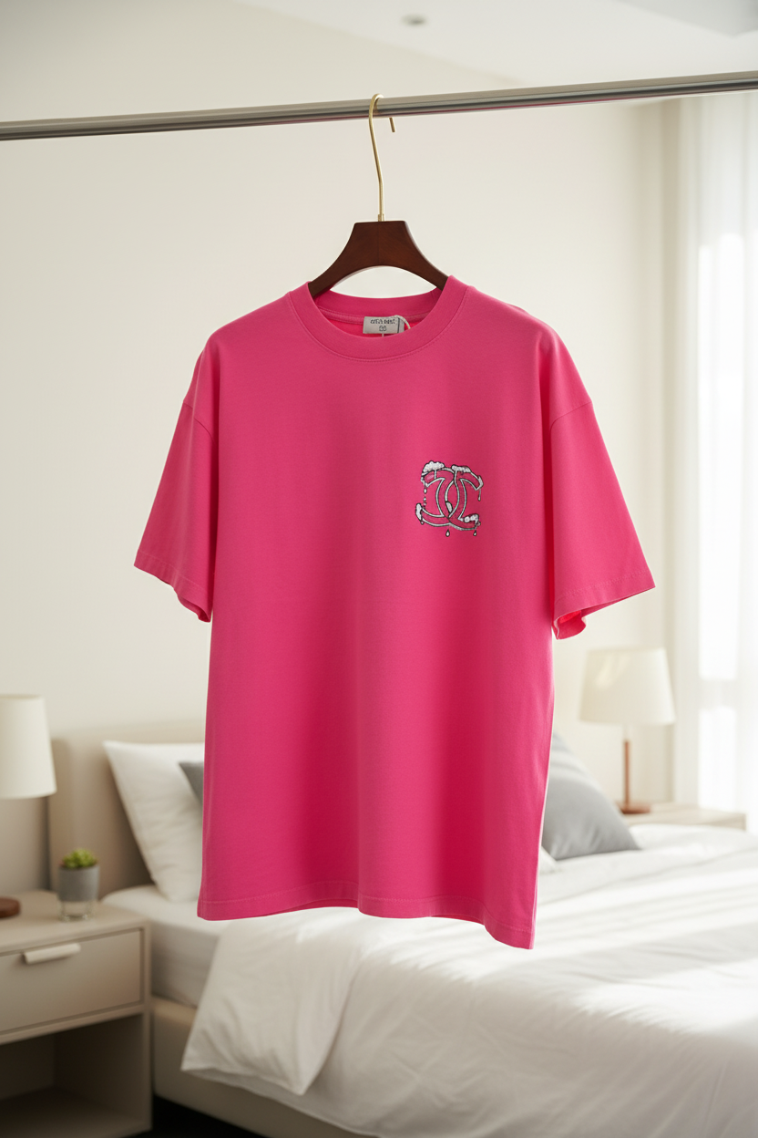 CHANEL Pink Logo Cotton Casual Short Sleeve T-Shirt