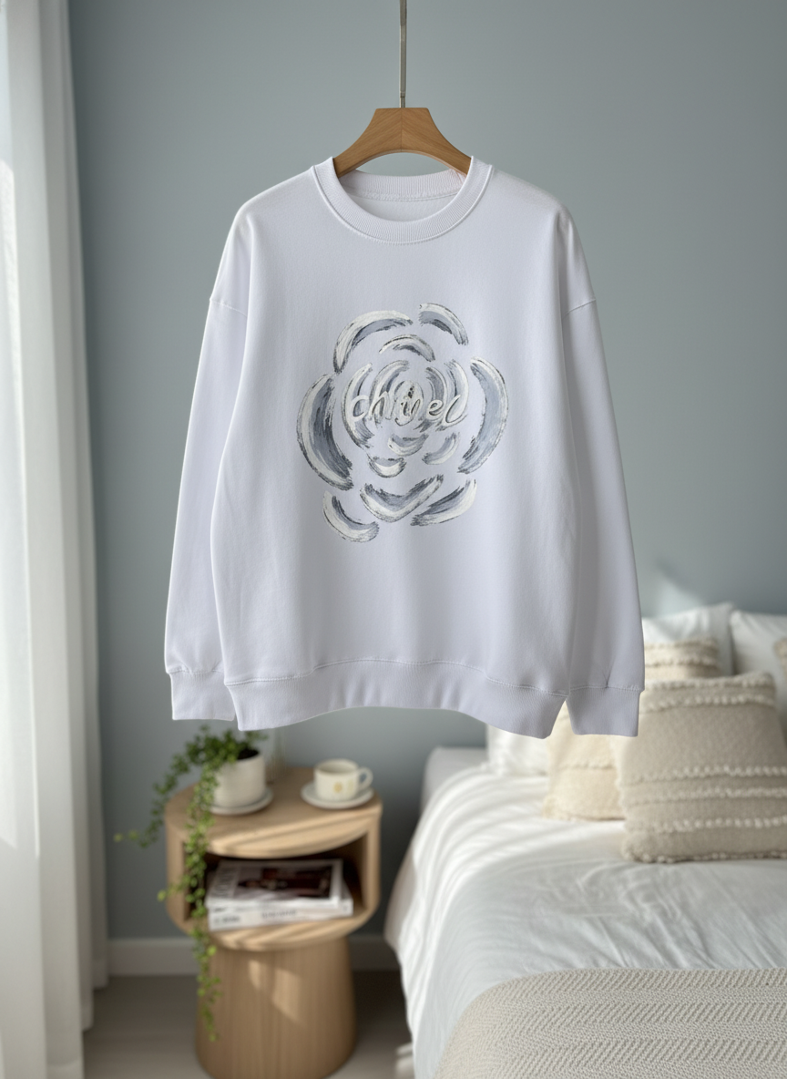 CHANEL White Floral Logo Cotton Hoodie Sweater