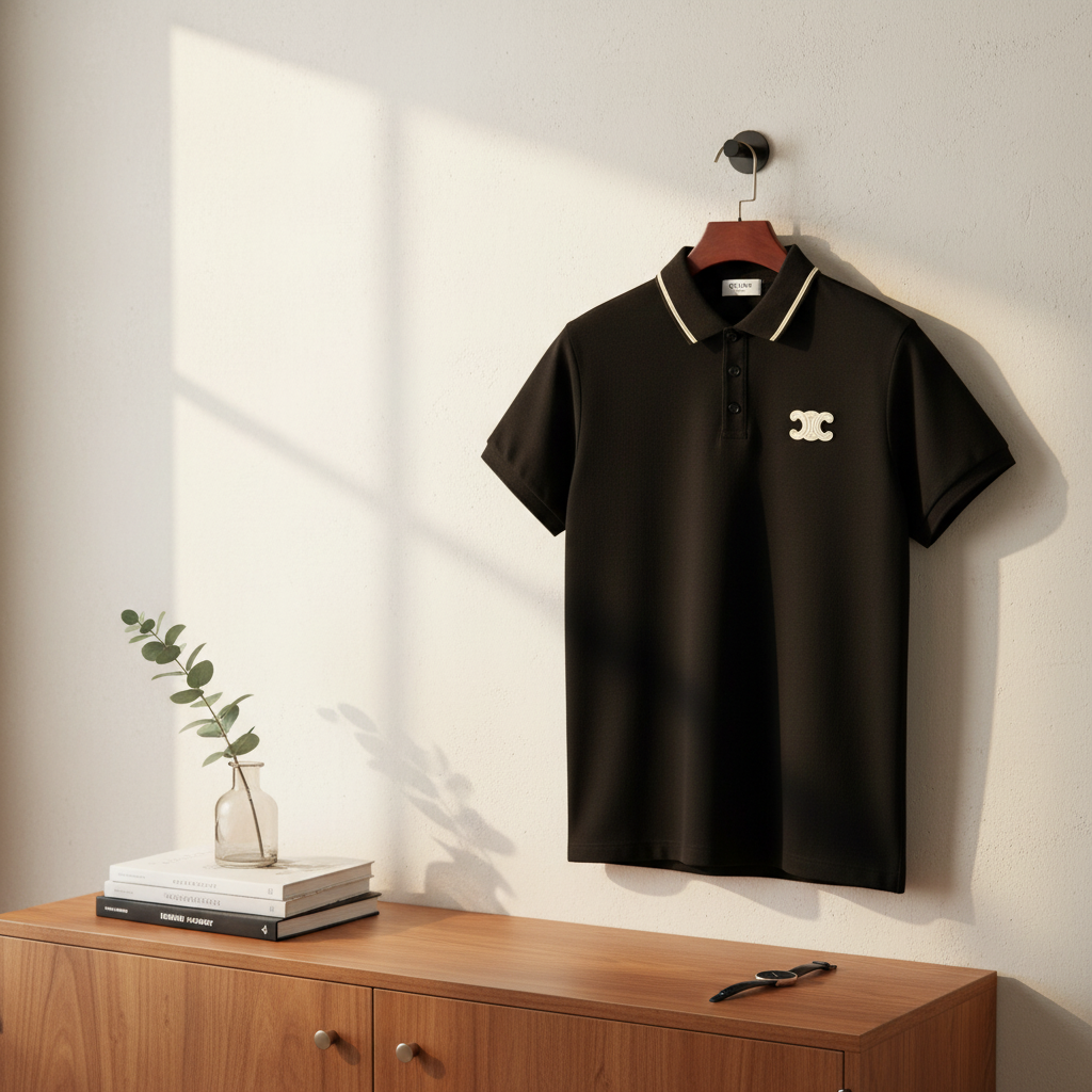 CELINE Black Cotton Polo Shirt Men’s Casual Wear