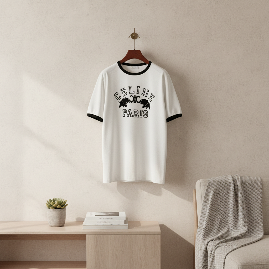 CELINE Paris Elephant Print Cotton T-Shirt Black Trim