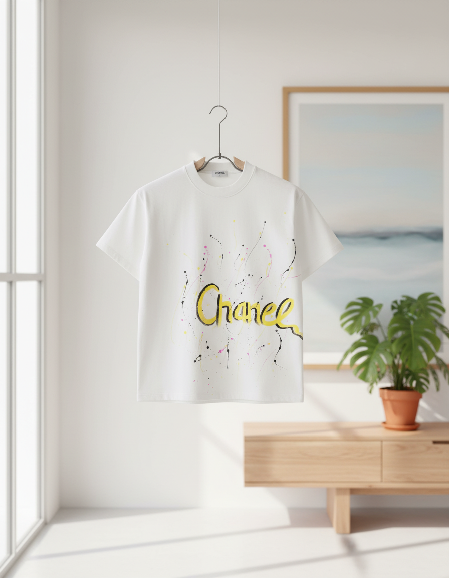 Chanel White Paint Splatter Logo Cotton T-Shirt