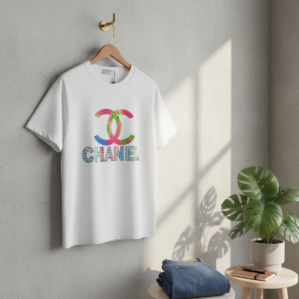 CHANEL White Cotton T-Shirt Colorful Logo Casual Top