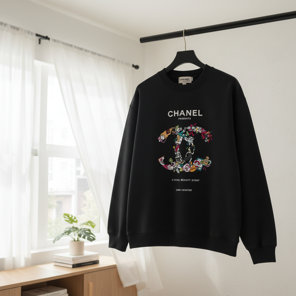 CHANEL Black Graphic Logo Streetwear Hoodie