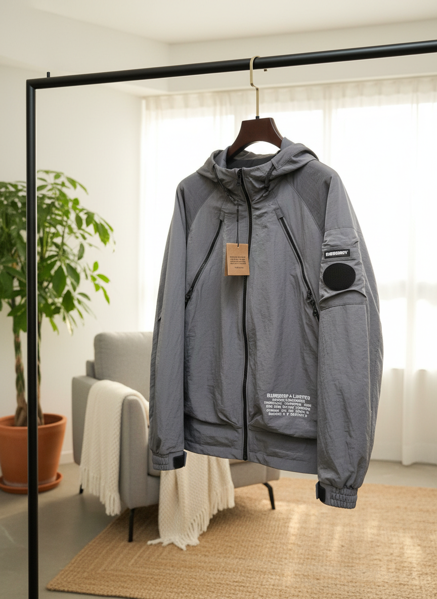 Burberry Men’s Lightweight Hooded Windbreaker Jacket Gray