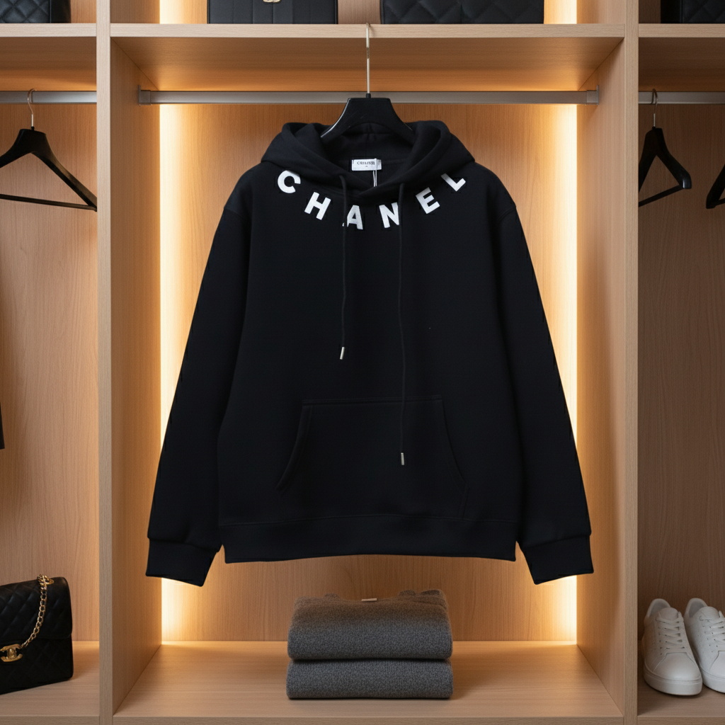 CHANEL Black Cotton Logo Pullover Hoodie