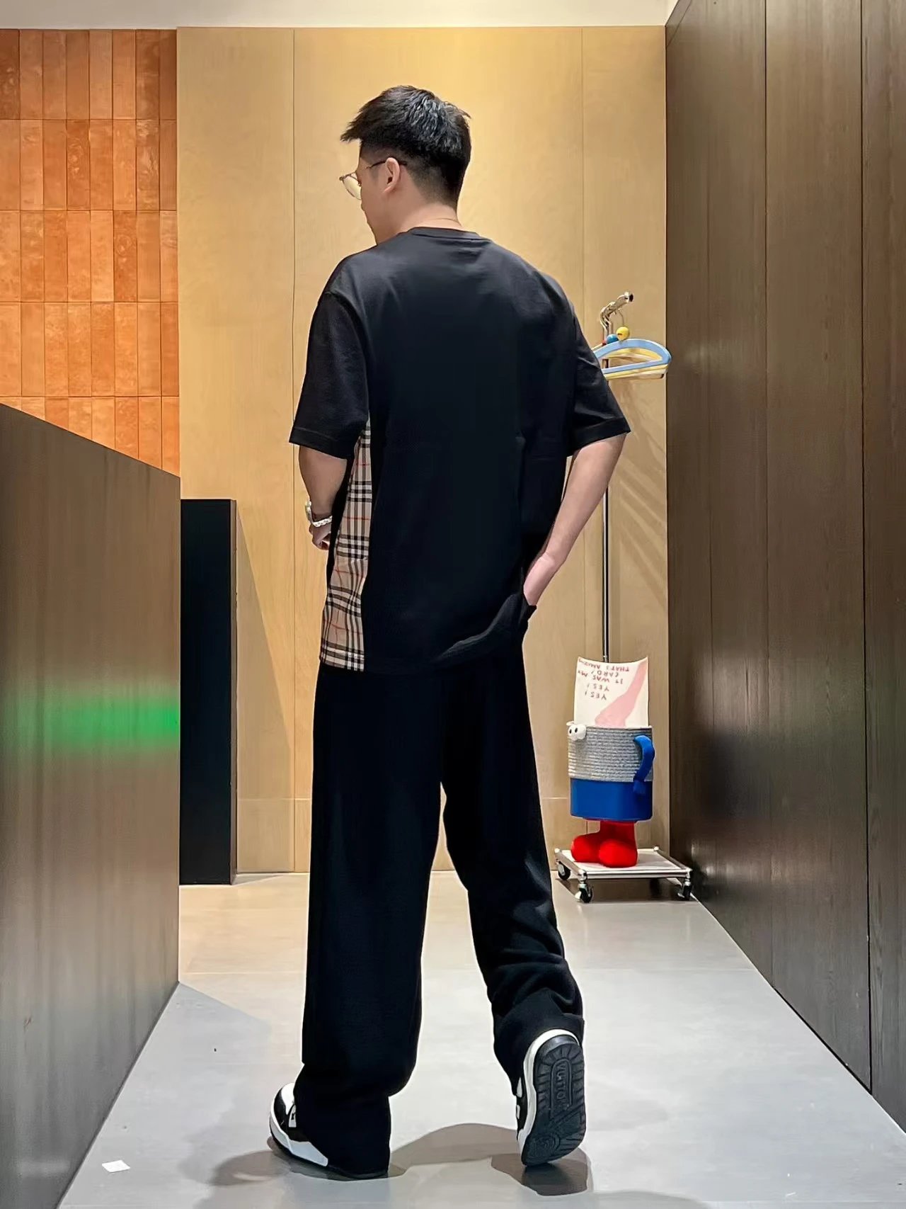 Burberry Men Cotton Check Panel Logo T-Shirt Black