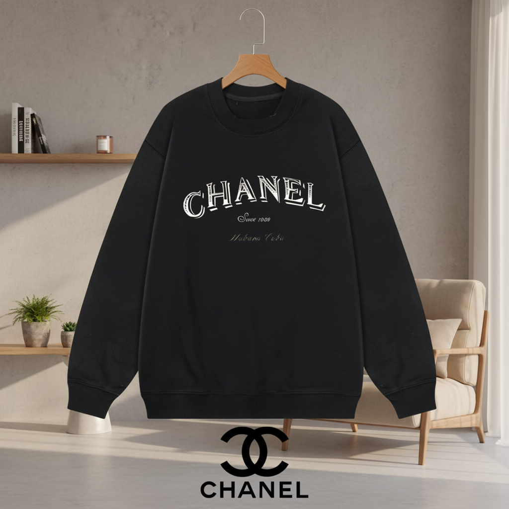 CHANEL Black Logo Cotton Hoodie Unisex Sweatshirt