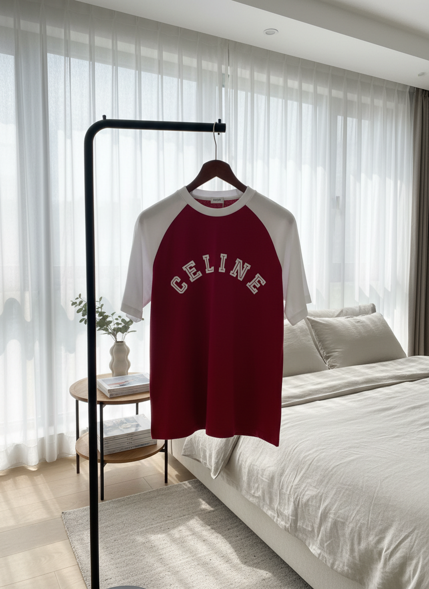 CELINE Red White Raglan Cotton Unisex Street T-Shirt