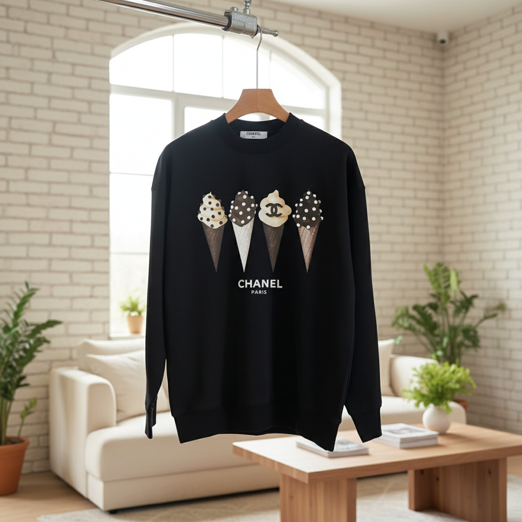 CHANEL Ice Cream Print Black Hoodie Sweater
