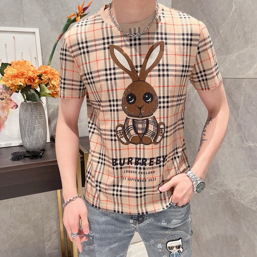 Burberry Men Plaid Bunny Embroidered Cotton T-Shirt