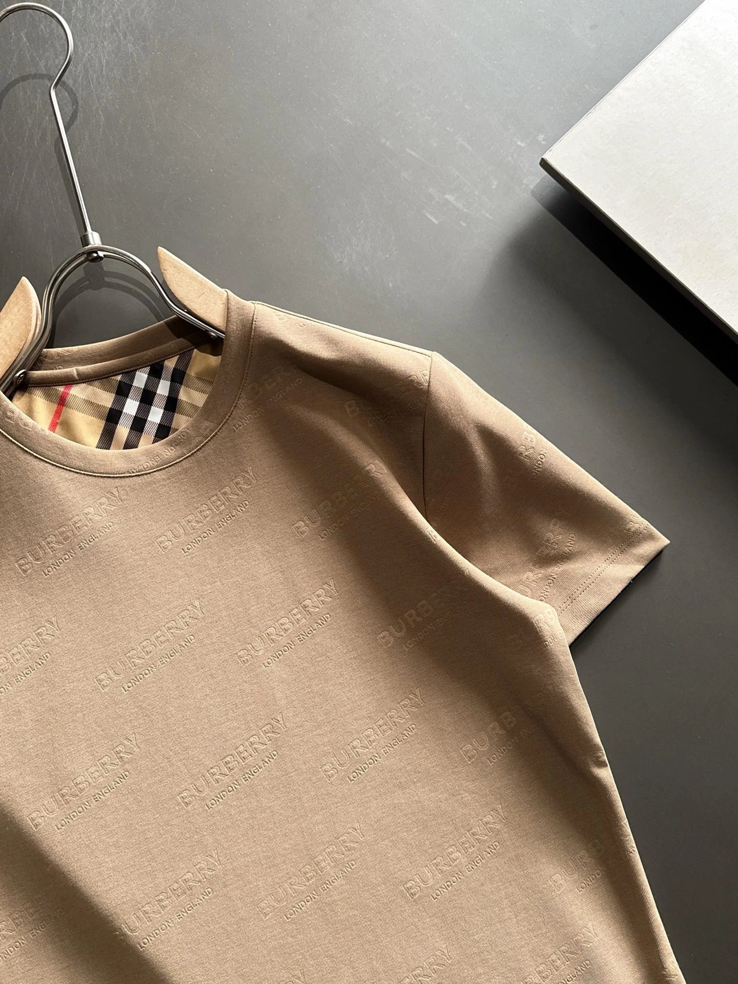 Burberry Embossed Logo Cotton Check Neck T-Shirt