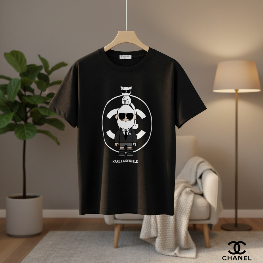 CHANEL Unisex Black Cotton Cartoon Graphic T-Shirt