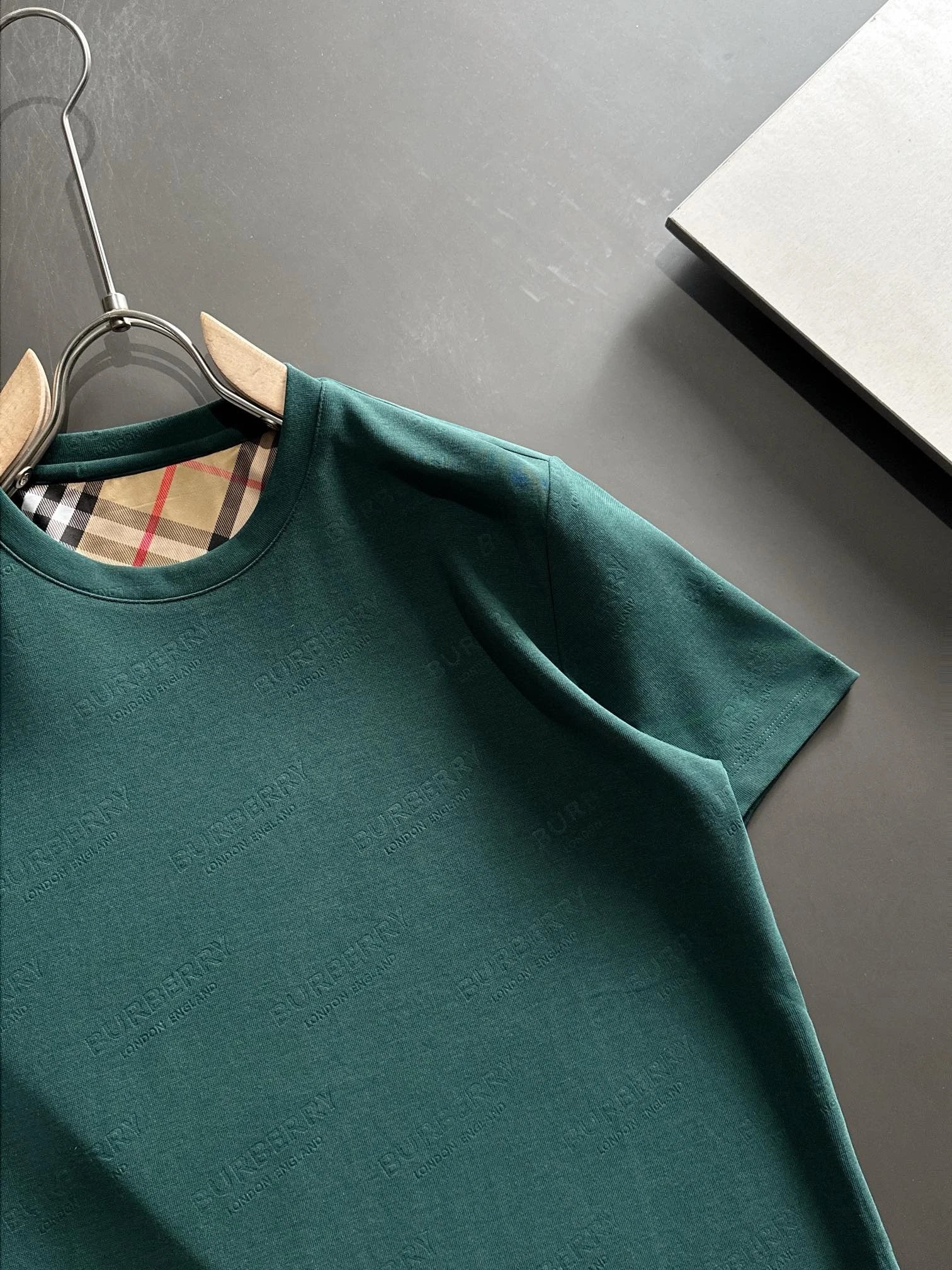 Burberry Green Logo Embossed Cotton Check T-Shirt