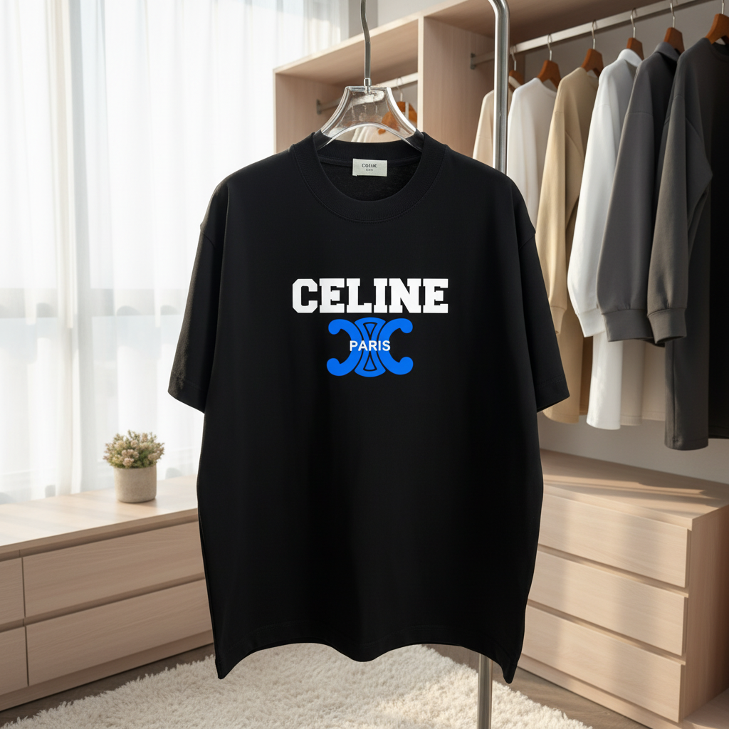CELINE Paris Black Blue Logo Cotton T-Shirt