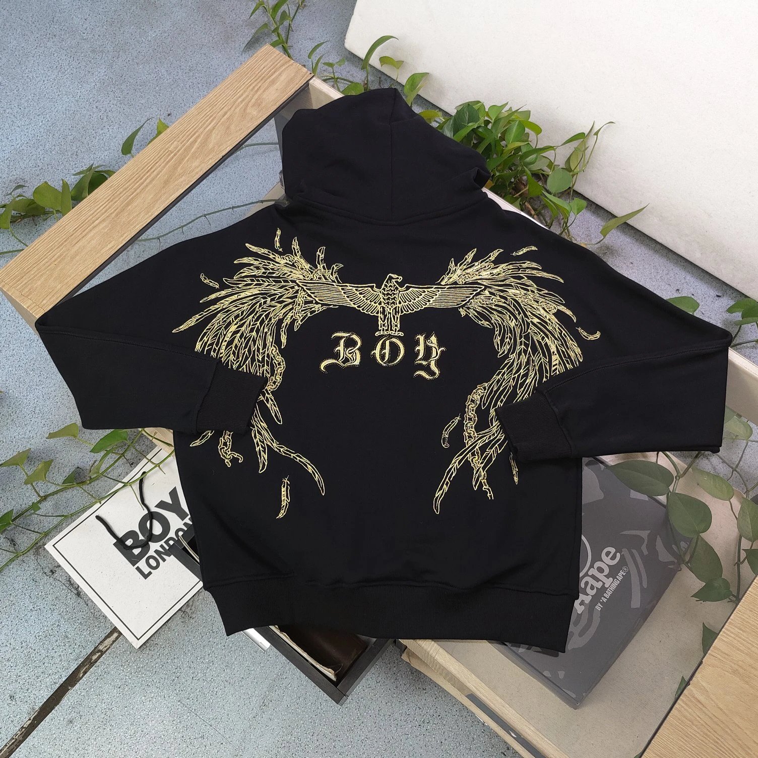 BOY LONDON Black Zip Hoodie Gold Eagle Unisex Streetwear
