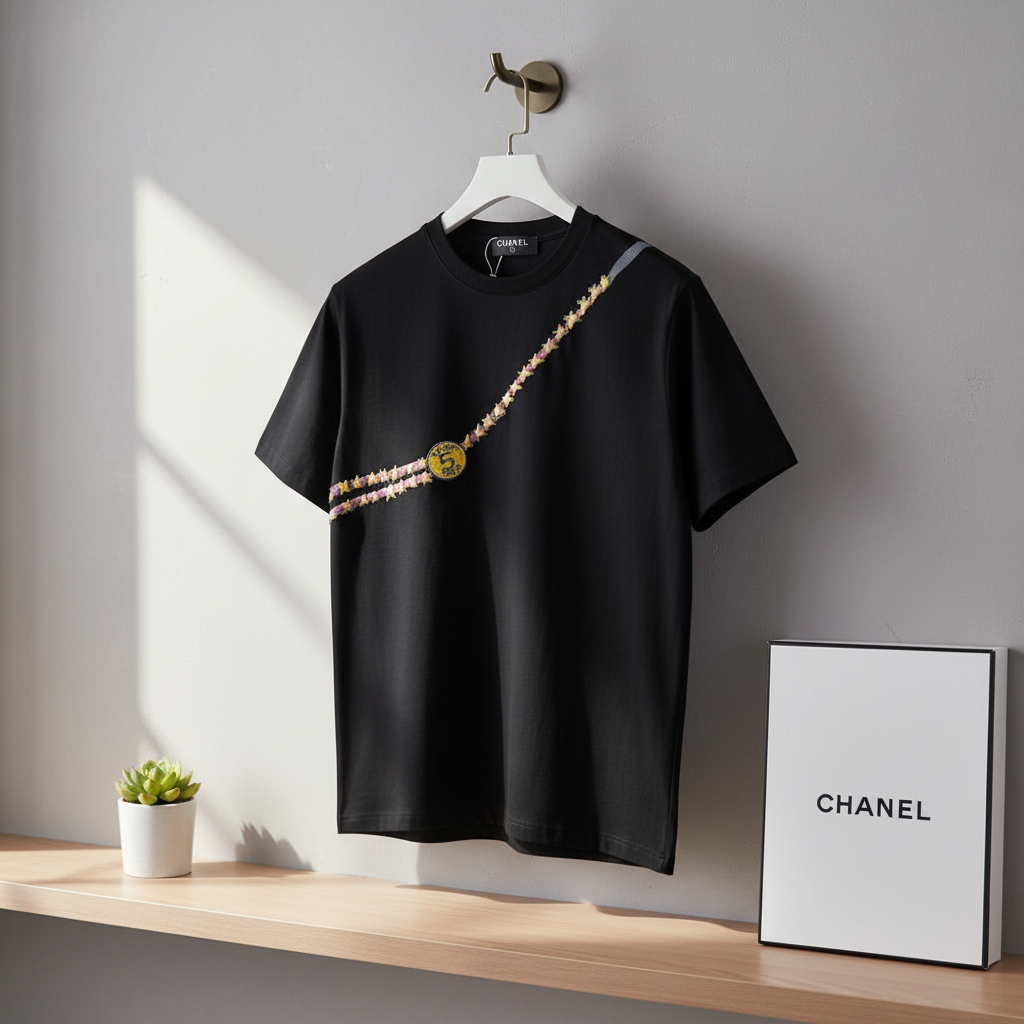 CHANEL No5 Gold Star Chain Black Cotton T-Shirt