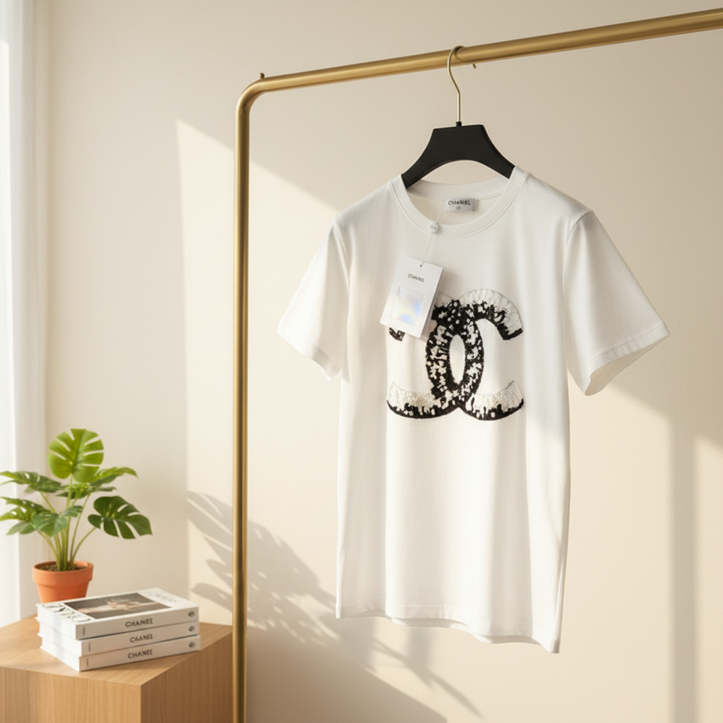 CHANEL Sequin Logo Cotton T-Shirt Black White