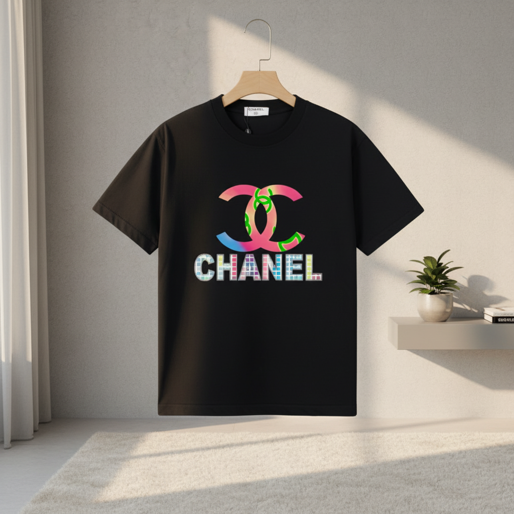 CHANEL Black Multicolor Logo Cotton T-Shirt