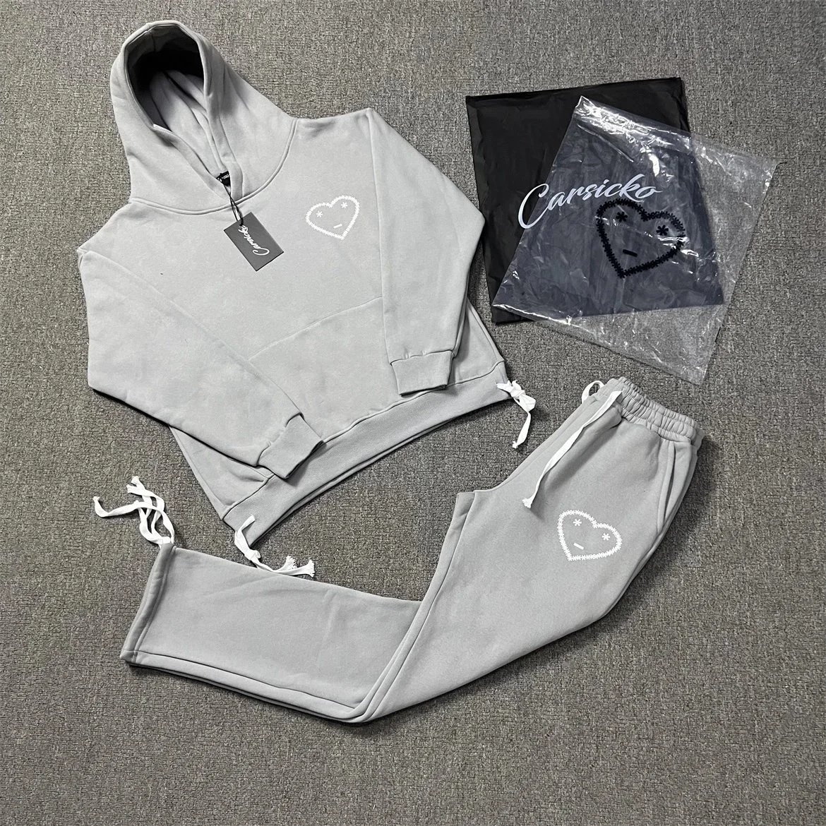 X178 Heart Print Jogger Casual Set Fleece-Lined Hoodie and Sweatpants Trendy-OB