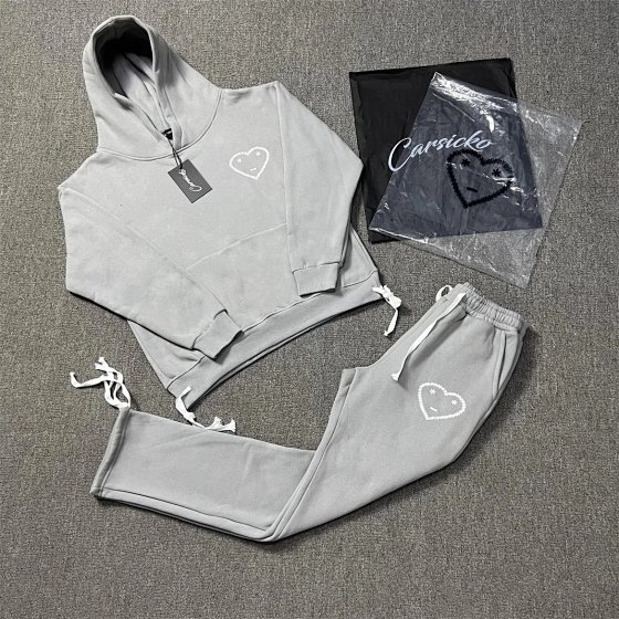 X178 Heart Print Jogger Casual Set Fleece-Lined Hoodie and Sweatpants Trendy-OB
