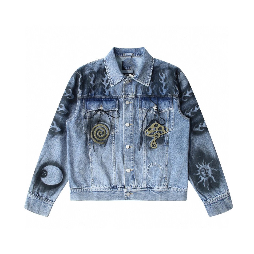 Hand-Painted Denim Jacket Blue Graffiti Streetwear