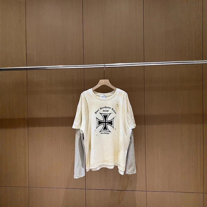 Patchwork Long-Sleeve Distressed T-Shirt Cream Graphic Style
