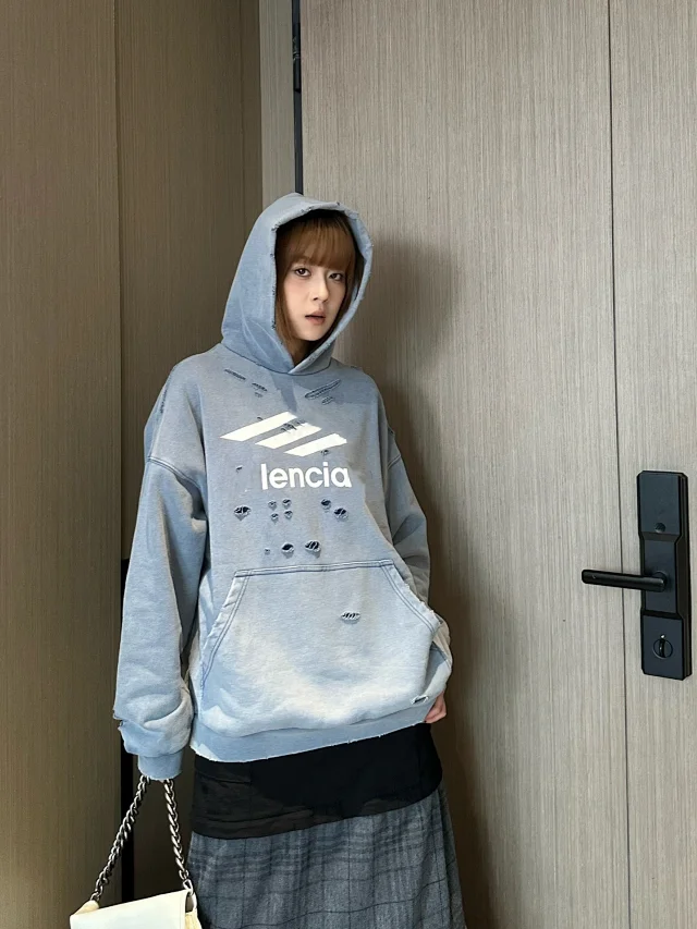 B A/W Distressed Hoodie Unisex Detail