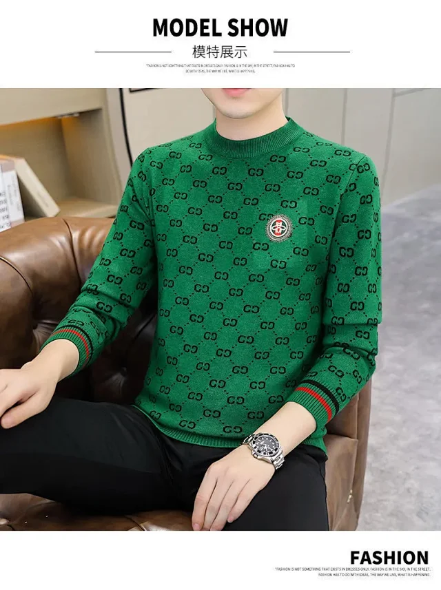 Men's Jacquard Thick Sweater with Rhinestones Detail