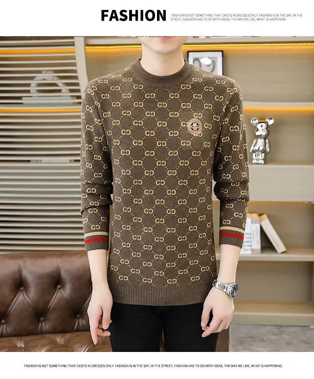 Men's Jacquard Thick Sweater with Rhinestones Detail