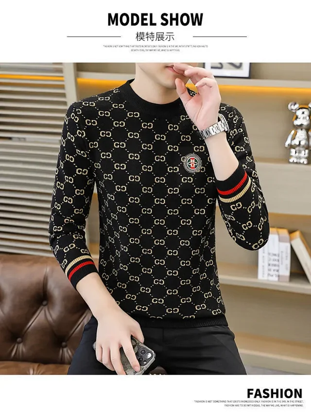 Men's Jacquard Thick Sweater with Rhinestones Detail