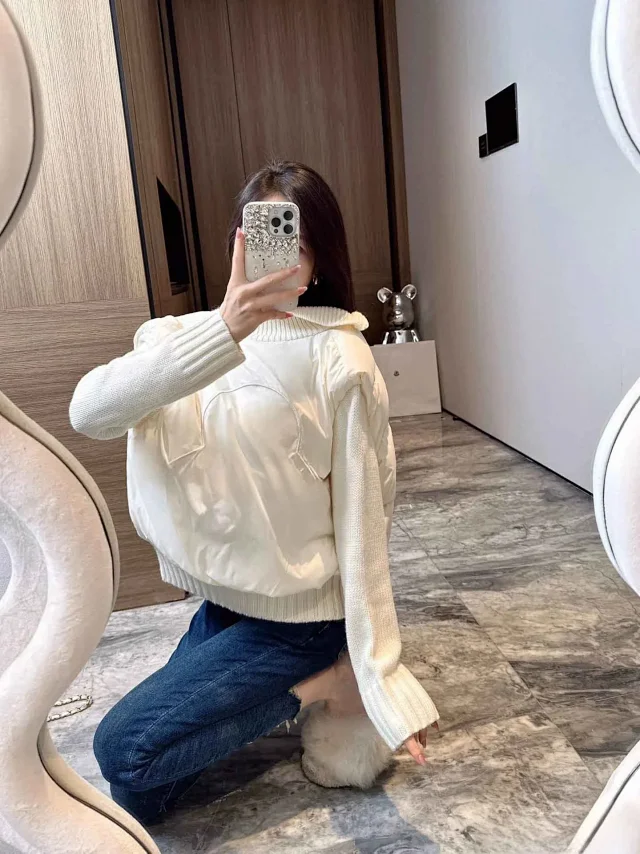 Meng Jia Women's Back-Embroidered Knit-Puffer Cream Detail