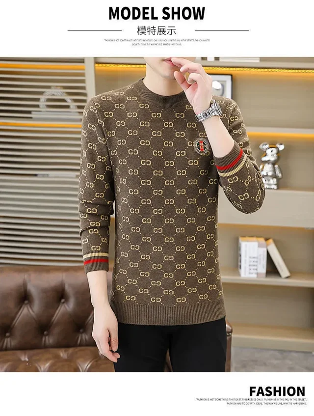 Men's Jacquard Thick Sweater with Rhinestones Detail