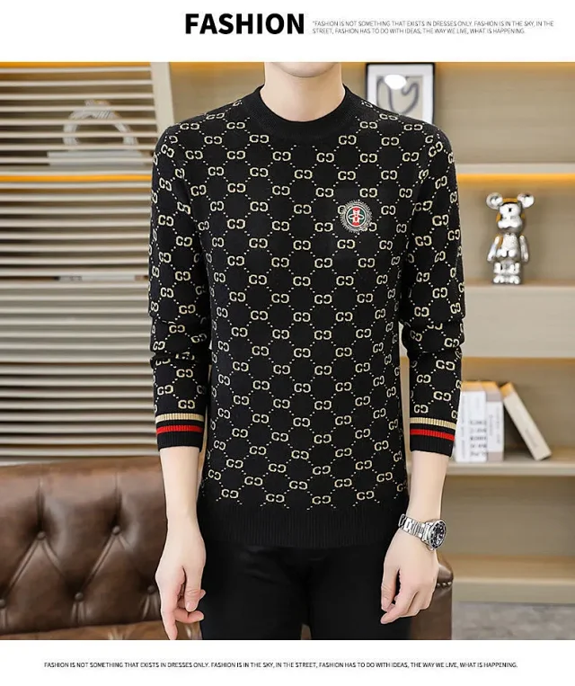 Men's Jacquard Thick Sweater with Rhinestones Detail