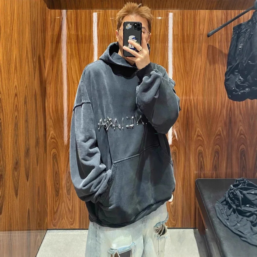 Paris AW24 Pin Logo Distressed Hoodie Unisex
