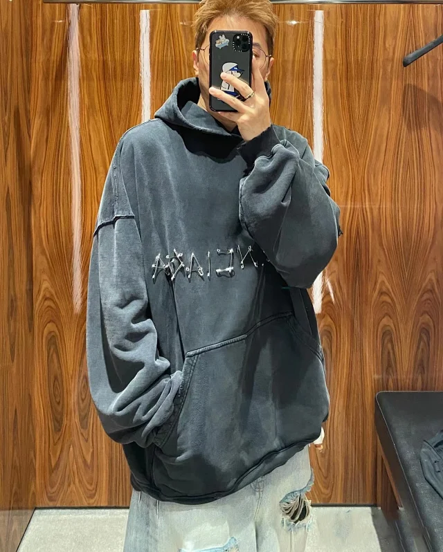 Paris AW24 Pin Logo Distressed Hoodie Unisex Detail