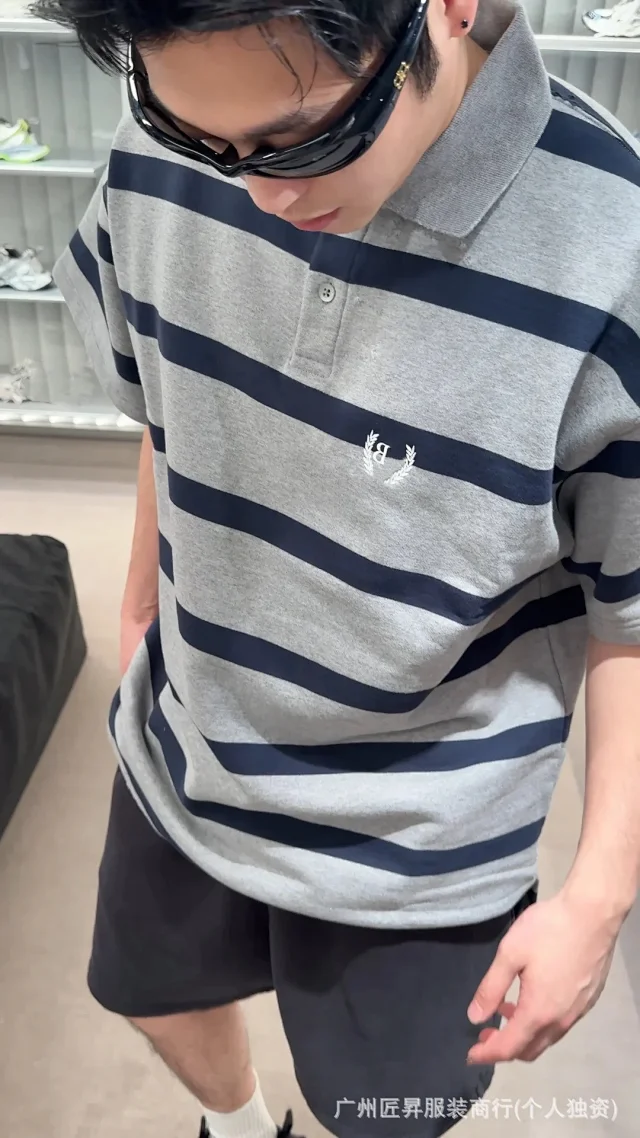 Balenciaga New BB Striped Wheat-Embroidered Polo Detail