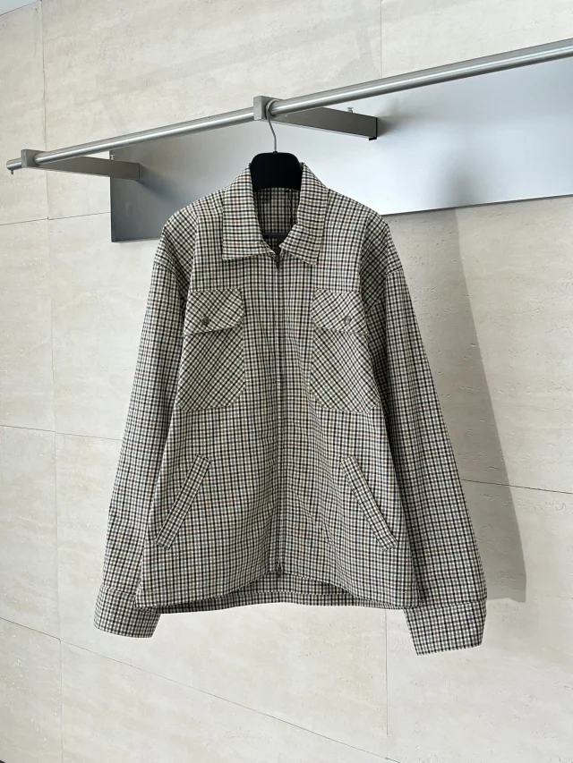 Balenciaga SS24 Plaid Long-Sleeve Lapel Jacket Detail