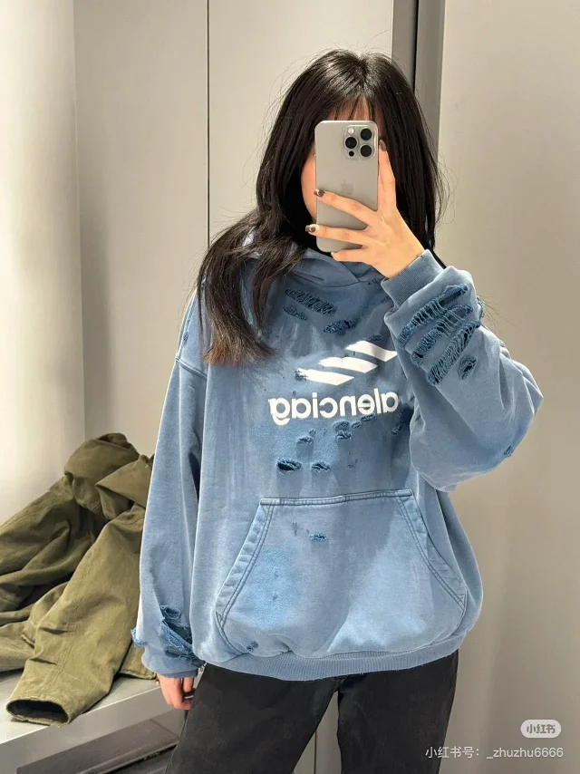 B A/W Distressed Hoodie Unisex Detail