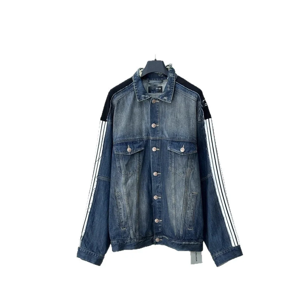 B Ceiling Striped Distressed Denim Jacket