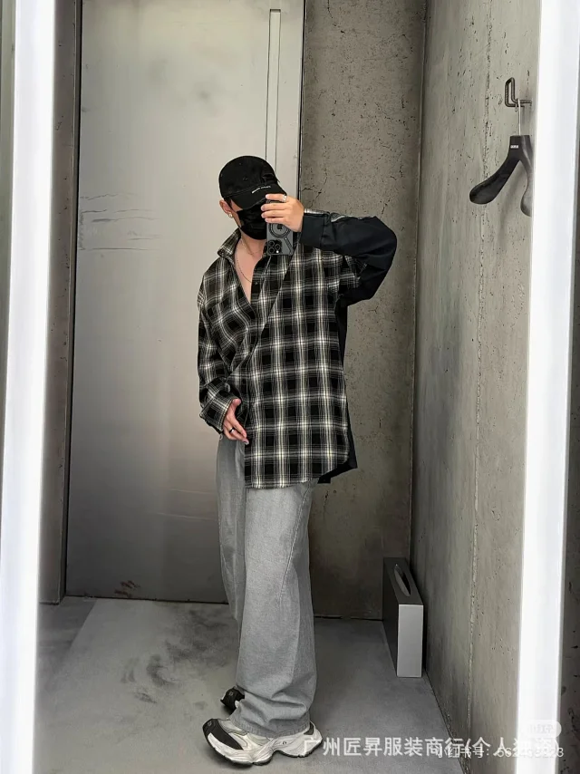 B Casual Vintage Plaid Long-Sleeve Shirt Detail