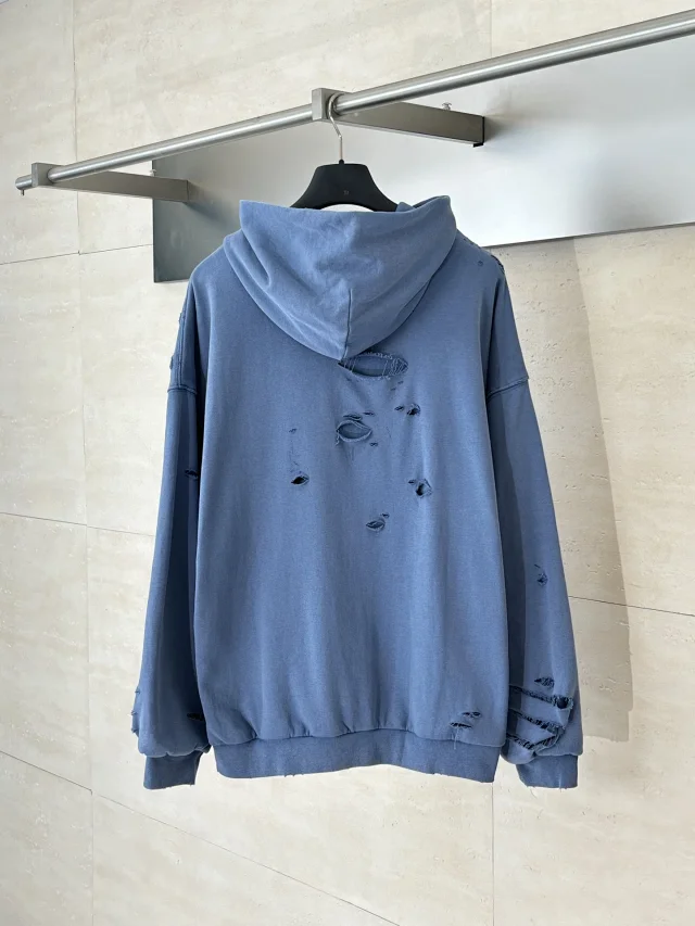 B A/W Distressed Hoodie Unisex Detail