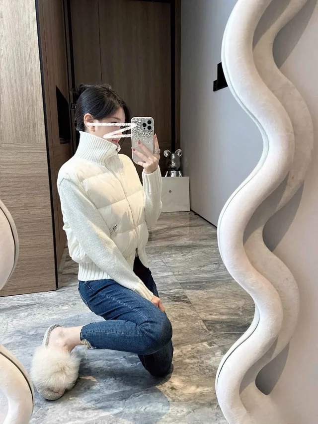 Meng Jia Women's Back-Embroidered Knit-Puffer Cream Detail