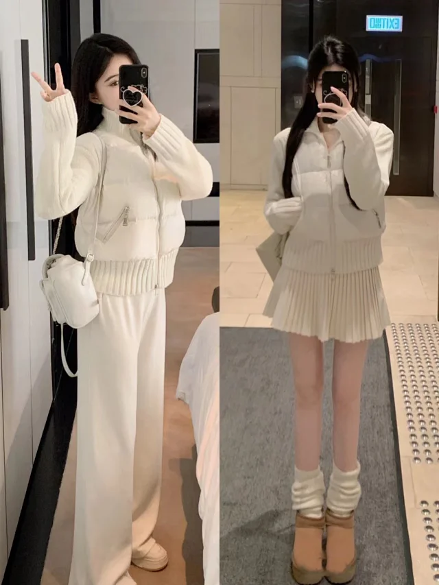 Meng Jia Women's Back-Embroidered Knit-Puffer Cream Detail