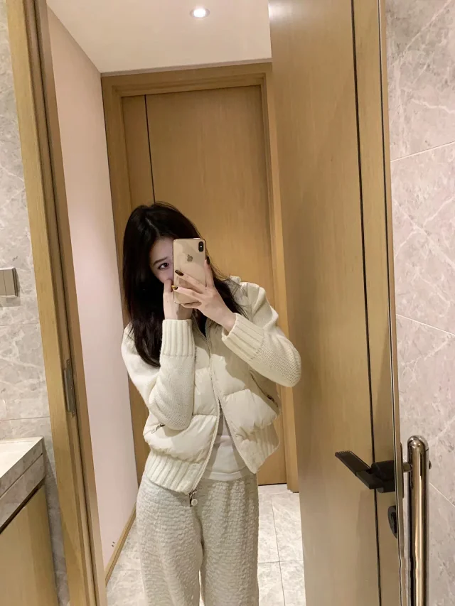 Meng Jia Women's Back-Embroidered Knit-Puffer Cream Detail
