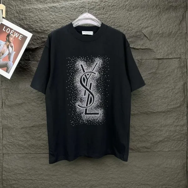 Saint Laurent YSL Crystal-Embellished Black T-Shirt - 1